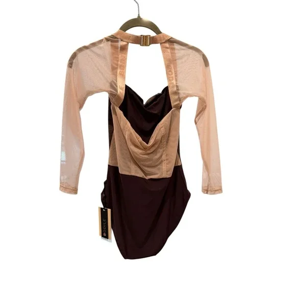 Bodile Women chocolate brown Velvet Mesh Long sleeve leotard m/l NWT - Picture 2 of 2
